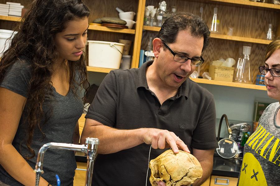 Dr. Stabile shows a group of students a skull in his biology class.