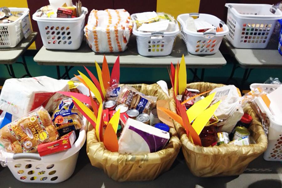 Baskets filled with food to donate for Thanksgiving.