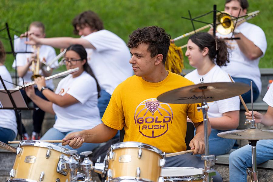 The drummer in the Iona pep band.