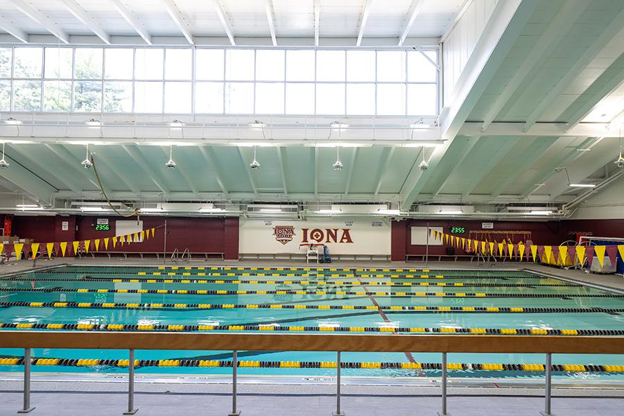 Hynes Pool with Iona logo in the background.