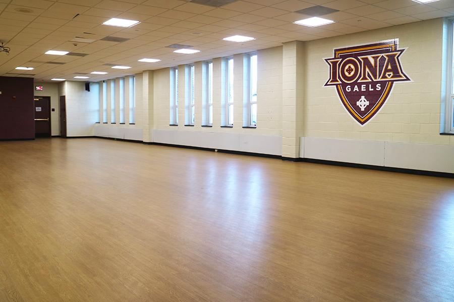 The Hegarty Room facing the wall with the Iona Gaels logo.