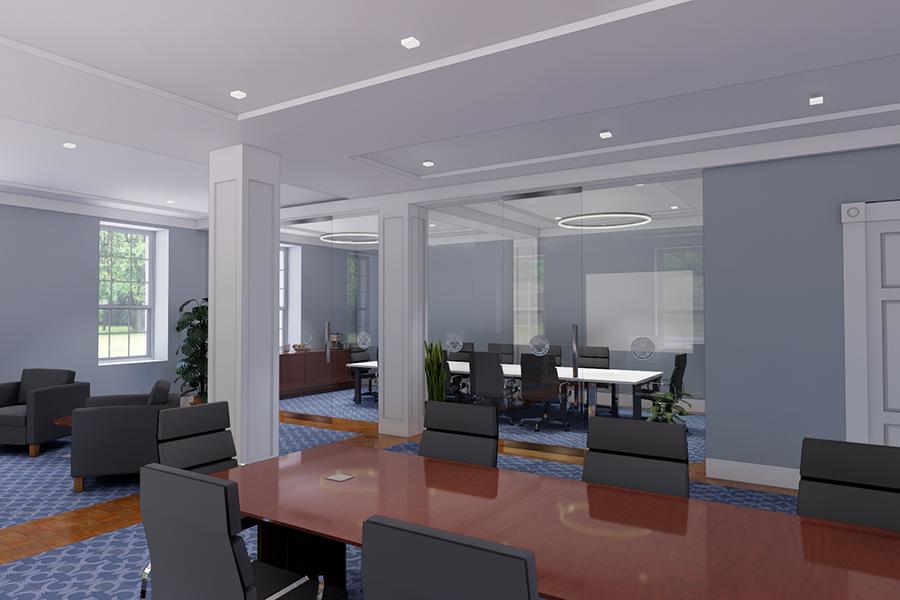 Artist rendering of the Gabelli Center for Teaching & Learning with a conference room.