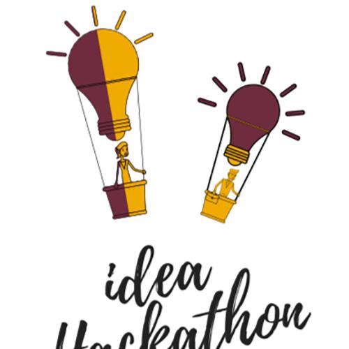 A cartoon of two hot air balloons which are also lightbulbs with the words Idea Hackathon written underneath.