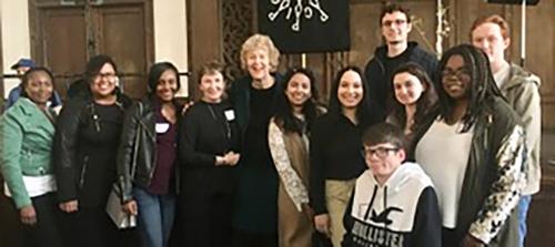 Iona students and Sister Kathleen Deignan pose with Dr. Mary Evelyn Tucker.