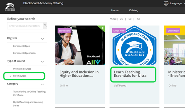 Visual guide to accessing Learn Teaching Essentials for Ultra on course catalog page