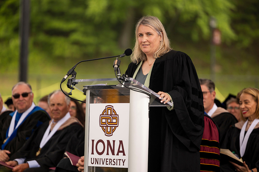 Emma Hayes speaking at the 2025 Commencement ceremony.