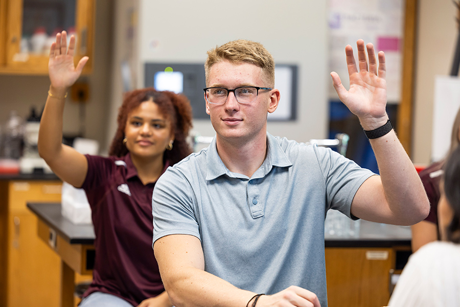 An honors student raises his hand in class.