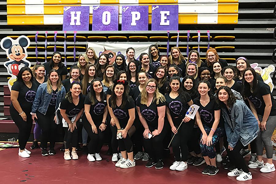 Members of the Delta Theta Beta sorority at a relay for life event.