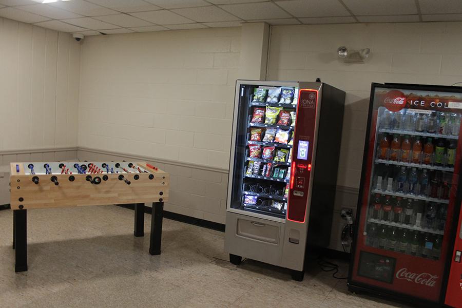 The foosball table and vending machines in Rice Hall.