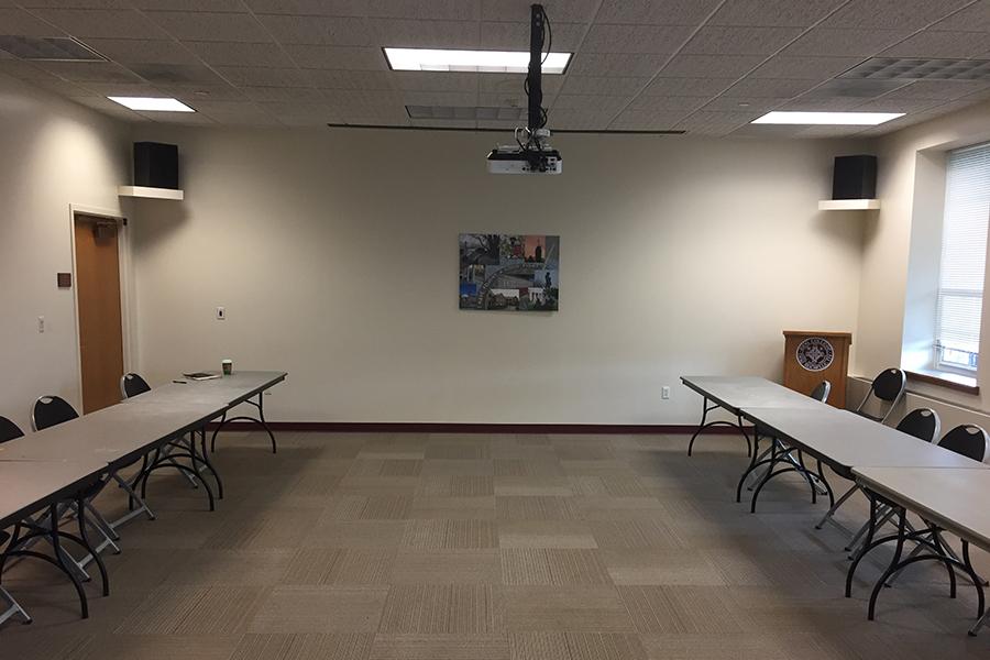 McGrath room set up with projector.