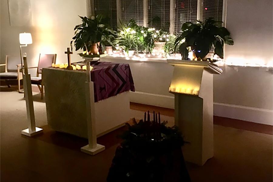 The altar at the Deignan Earth and Spirit Institute and Thomas Berry Forum Third Sunday of Advent Earth Mass at Iona University Chapel.