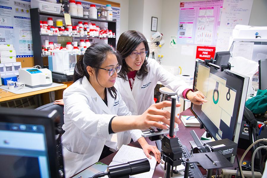 Sunghee Lee works with a student in her lab.