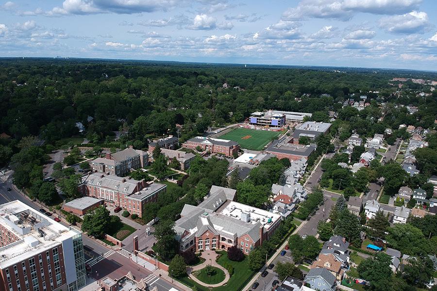 Aerial shot of the Iona Campus with New Rochelle in the background.