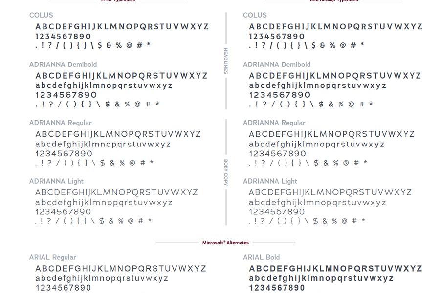 Examples of typefaces used by the Iona Marketing and Communications office.