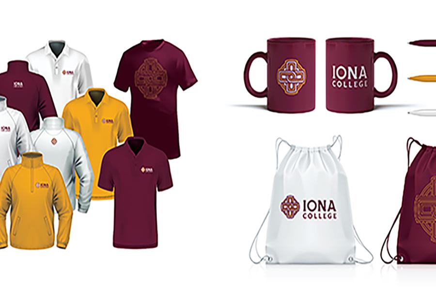 Iona gear including sports gear, mugs, pens, and drawstring bags.