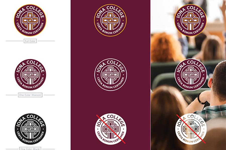 Several examples of the Iona College contemporary seal, including both acceptable and unacceptable usages.