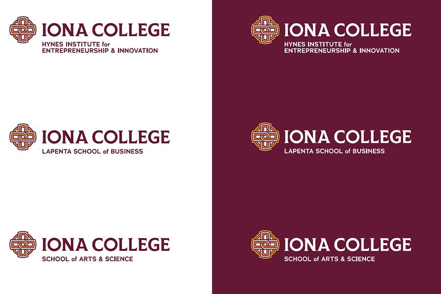 Examples of the Iona College logo headers using the School of Arts and Science, the LaPenta School of Business and the Hynes Institute for Entrepreneurship and Innovation.