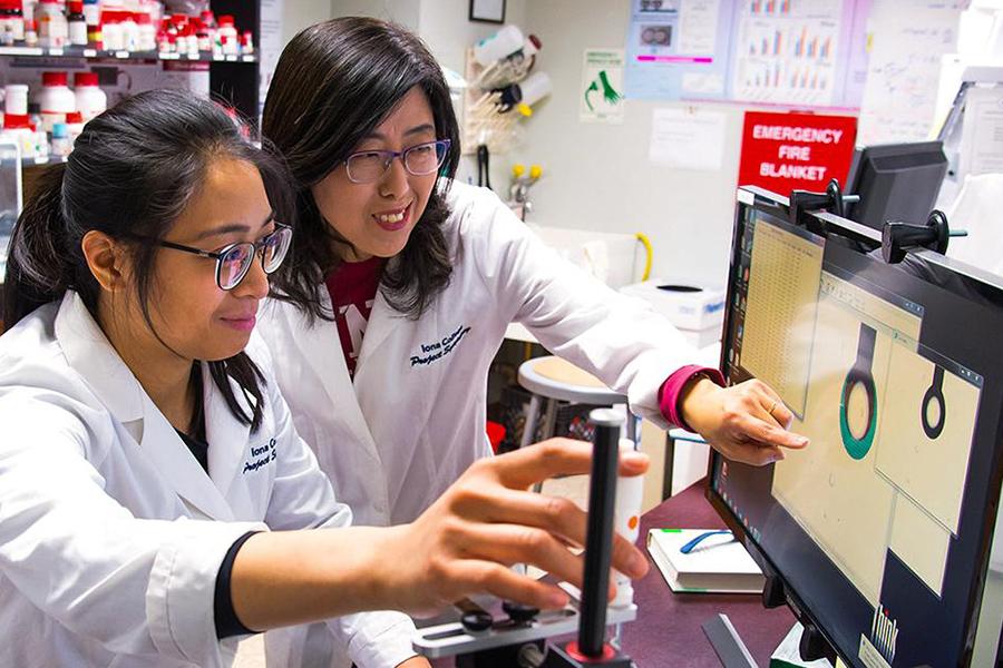 Sunghee Lee and a student where white lab coats and look at results on a computer screen while Dr. Lee points something out.