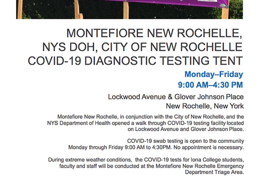 A flyer for the Montifiore New Rochelle Covid-19 testing site.