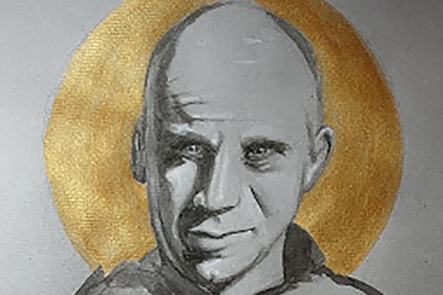 Grey Painting of Thomas Merton with a gold halo.