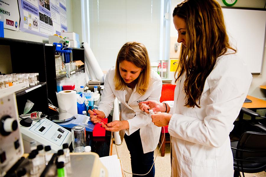 Two chemistry students perform an experiment in Dr. Lee's lab.