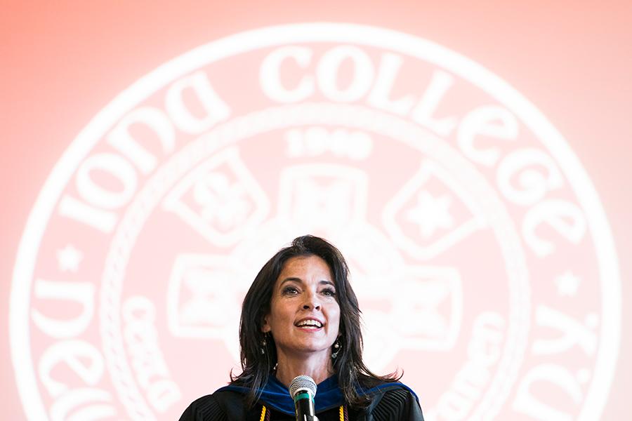 Professor Jeanne Zaino smiles and speaks at the 2019 freshman convocation.