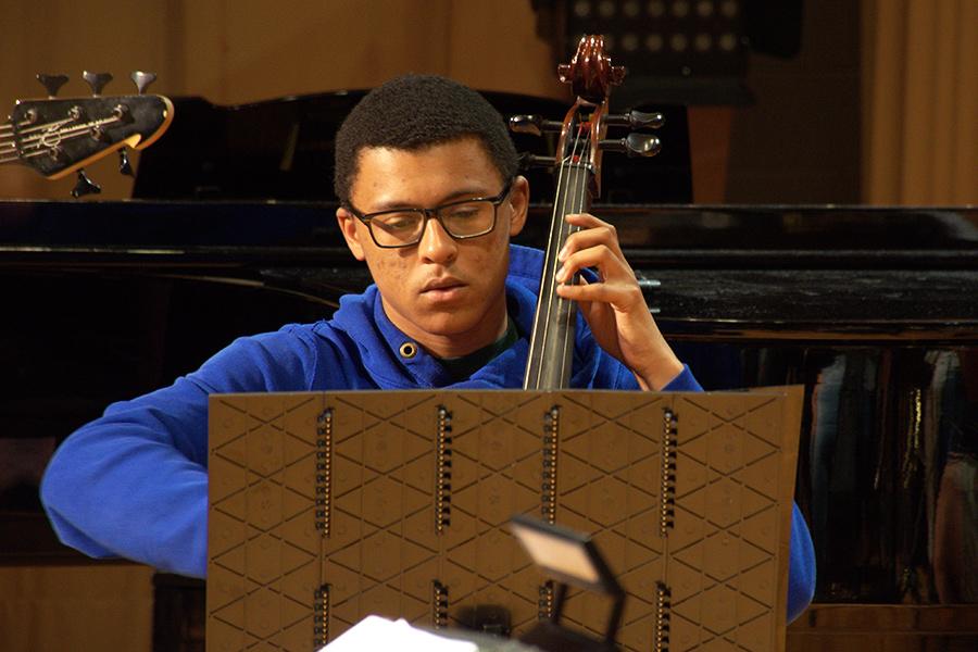 A cellist performs in the orchestra.