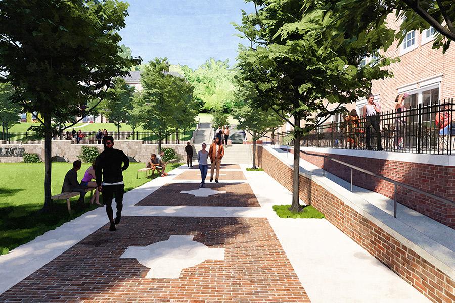 Artist's rendering of the walkway by the side of LaPenta Student Union complete with a new patio.