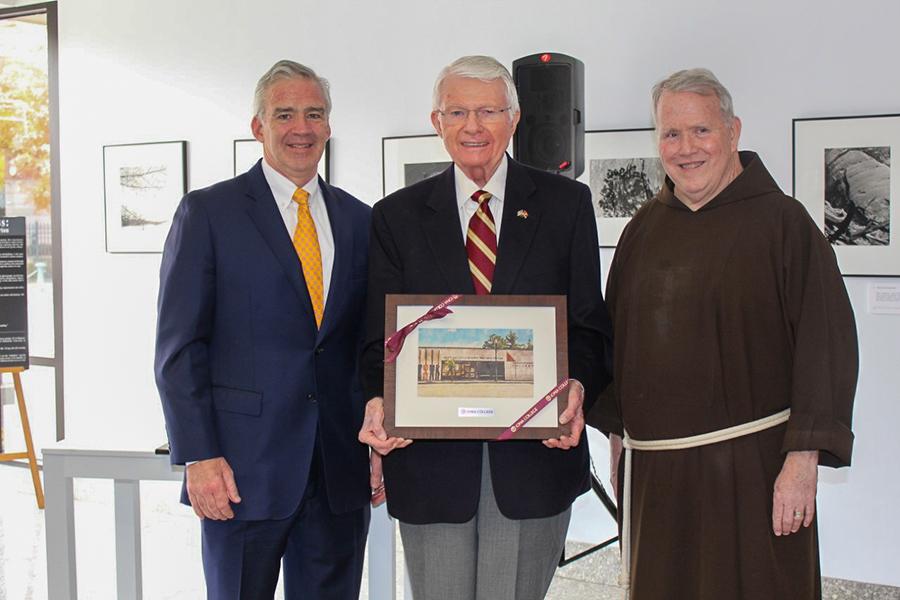 Iona College President Seamus Carey, Ph.D., Joseph M. Murphy ’59, ’83H, and Iona Chaplain Fr. Gerard Mulvey at the dedication of the JoAnn Mazzella Murphy ’98H Arts Center on November 13, 2021.