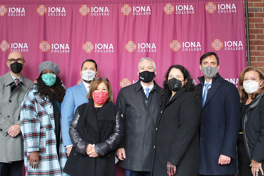 Christoph Winkler, Ph.D., founding director, Hynes Institute for Entrepreneurship & Innovation; Diedra Henry-Spires, Senior Advisor for COVID Programs, SBA; Mark Madrid, Associate Administrator, Office of Entrepreneurial Development; Martha Lopez, City Council Member, New Rochelle; Iona University President Seamus Carey, Ph.D.; U.S. Small Business Administrator Isabella Casillas Guzman; Noam Bramson, Mayor of New Rochelle; Marlene Cintron, SBA Atlantic Regional Administrator.