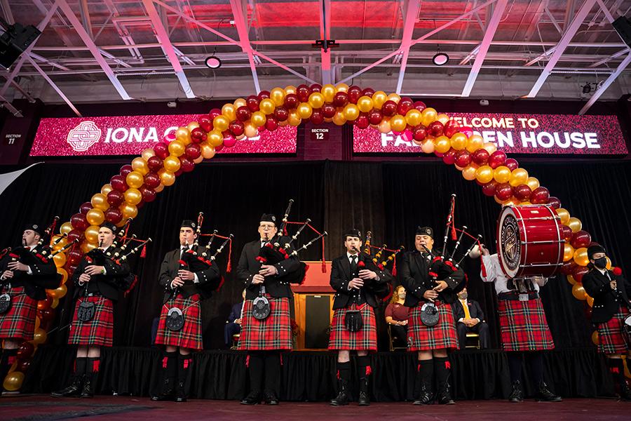 The Iona University pipe band plays at Fall Open House.