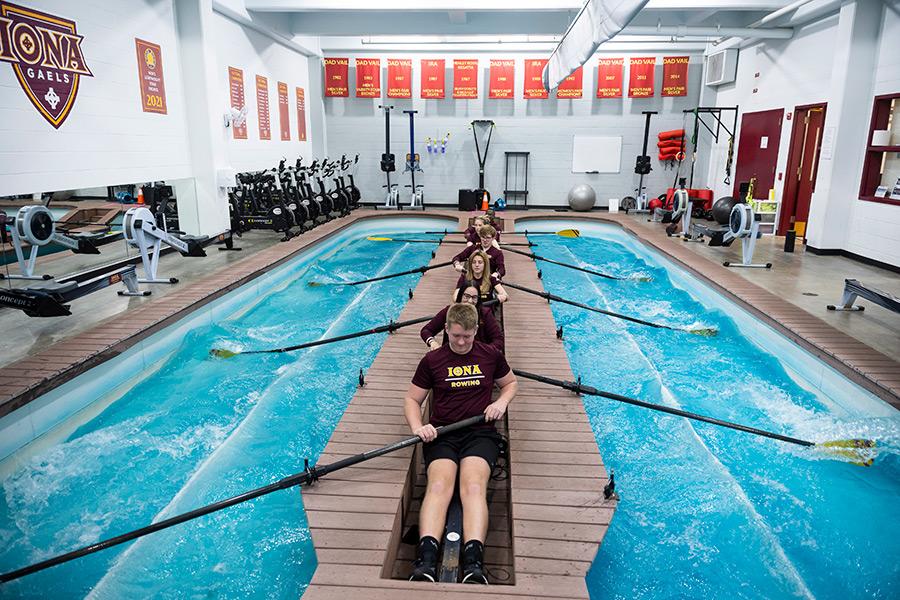 The rowing team practices indoors.