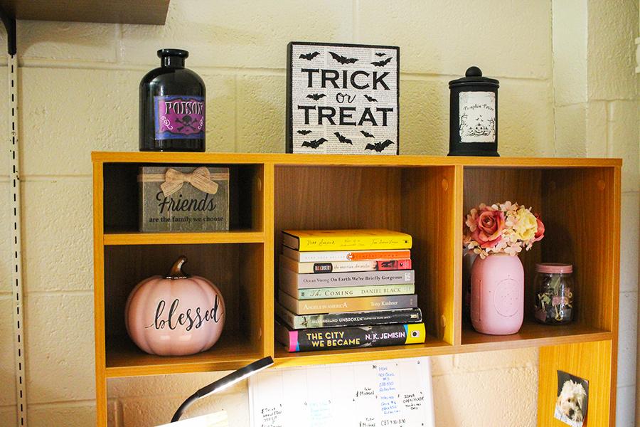 A Halloween themed shelf in Rice Hall.