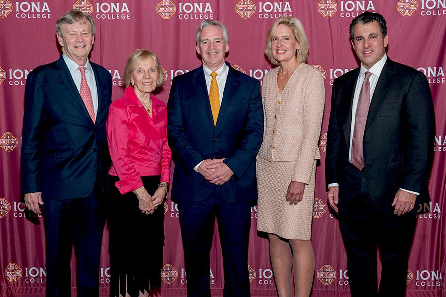 Honorees William P. Magee Jr., DDS, MD, Operation Smile co-founder and CEO; Kathleen S. Magee, BSN, MSW, M.Ed., Operation Smile co-founder; Seamus Carey, Ph.D., president, Iona University; Karen D. Seitz ’84, founder and managing director, Fusion Partners Global, LLC; Peter G. Riguardi ’83, ’16H, chairman and president, New York Tri-state Region, Jones Lang LaSalle Brokerage, Inc.