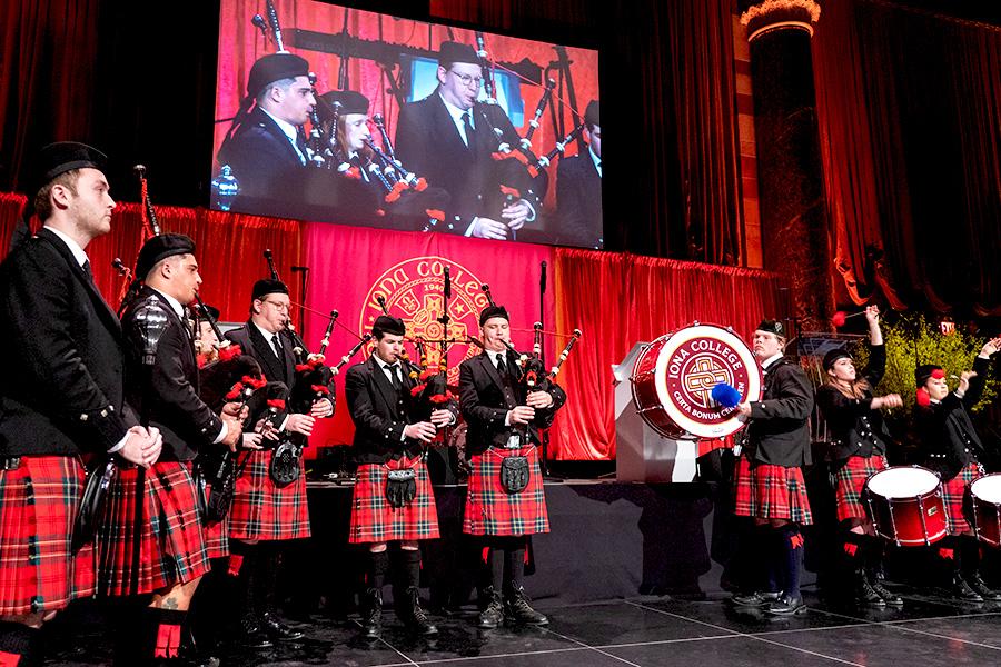 Iona University’s world-renowned Pipe Band performs at the gala.