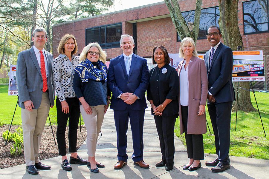 Leaders gather in front of the future home of the NewYork-Presbyterian Iona School of Health Sciences.