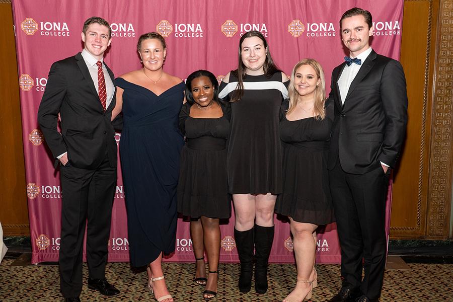 Iona University’s 2021-22 Student Government Executive Board. Aidan Connolly ’23; Maeve Ellen Wydan ’22; Courthney Liza Normil ’22; Katherine Geslak ’23; Allyson Renda ’23; Brendan Bohan ’22. 