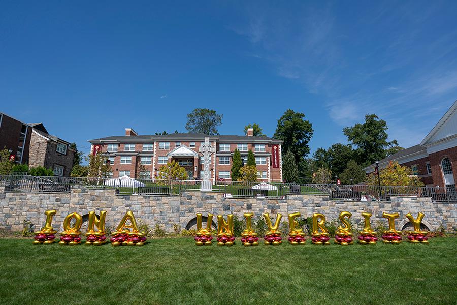 Iona University spelled out in balloons on the Murphy Green.