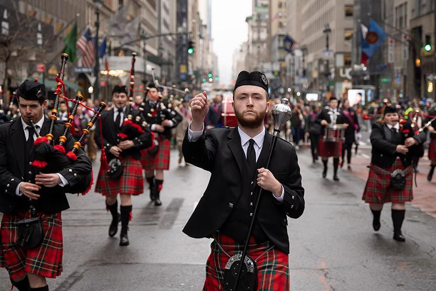 The Iona pipe band marches in the St. Patrick's Day parade.