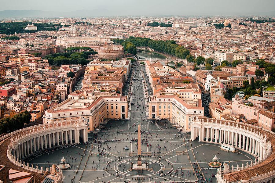 An overhead drone image of Rome.