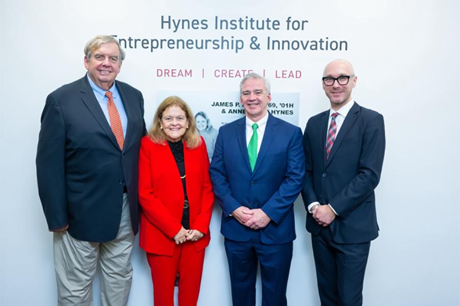 James P. Hynes ’69, ’01H; Anne Marie Hynes, Esq.; Iona University President Seamus Carey, Ph.D.; and Dr. Christoph Winkler, endowed professor and founding program director. 