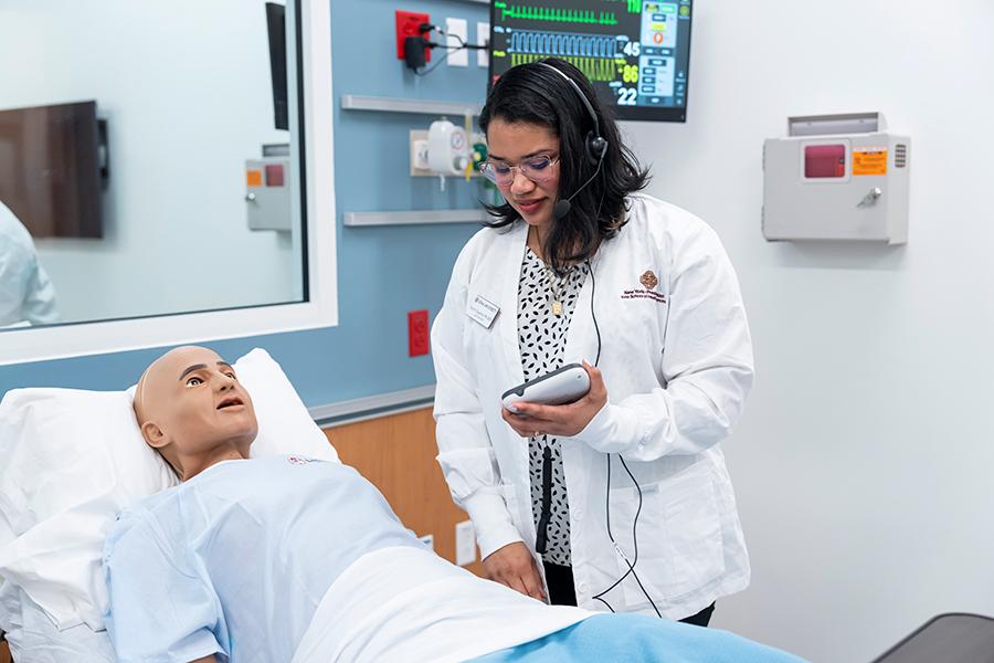 The large bedside skills lab provides students the opportunity to learn fundamental nursing skills and medication administration using state-of-the-art equipment.