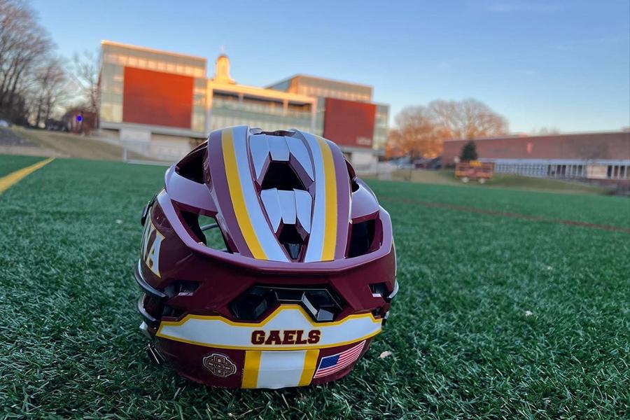An Iona lacrosse helmet on Mazzella field.