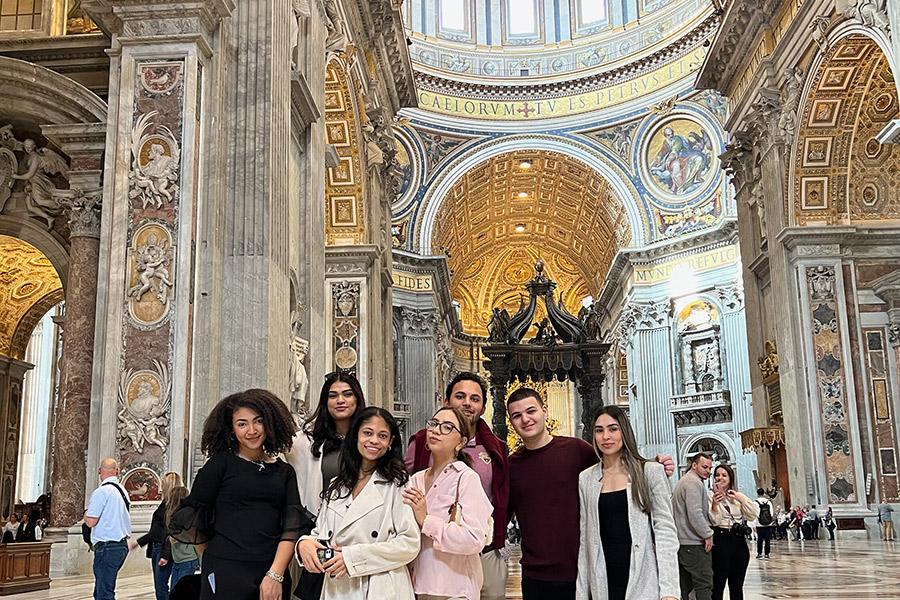 Students at a fancy shopping plaza in Italy.