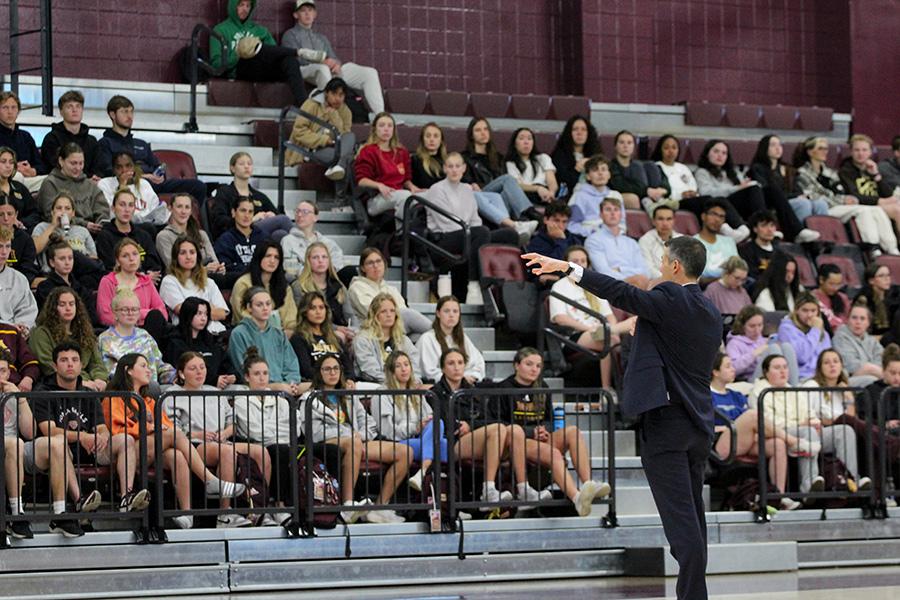 Anthony Puliafico speaking in the Hynes Arena.