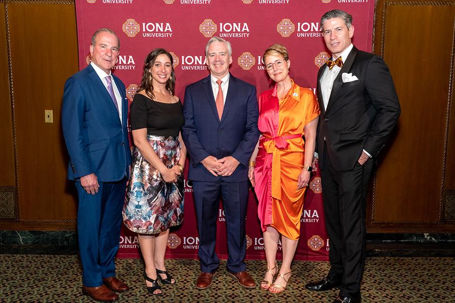 Honorees Jerome C. Cifarelli ’77; Lee Ann Valvano, Jim Valvano’s daughter; Iona University President Seamus Carey, Ph.D.; Dr. Susana Greer, the V Foundation; and Daniel F. Doyle ’93, ’95MBA. 