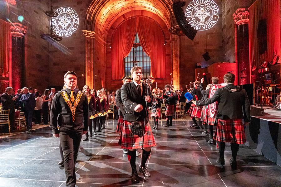The Iona University Pipe Band and Irish Dance team performing at the Trustees Scholarship Award Gala at Cipriani 42nd Street in New York City on April 21, 2023. 