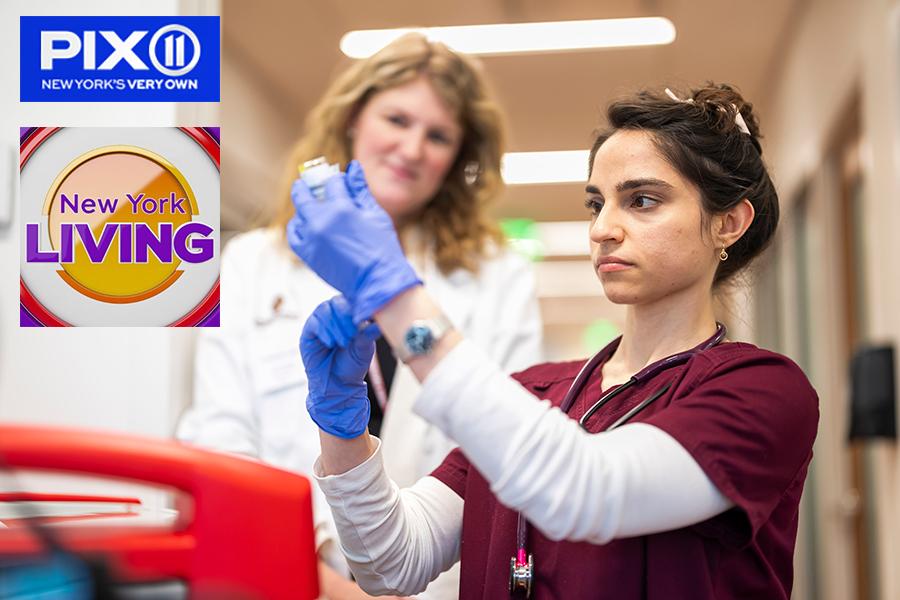 A nursing student practices filling a syringe. PIX11 and New York Living logos are in the top left corner.