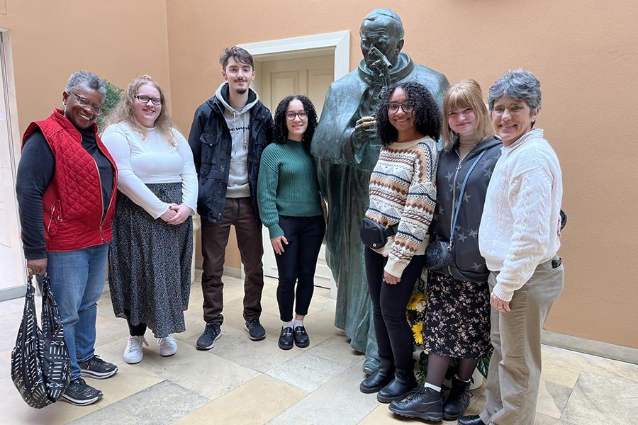 Students and faculty at the John Paul II Museum in Wadowice also known as the hometown of Saint Pope John Paul II.