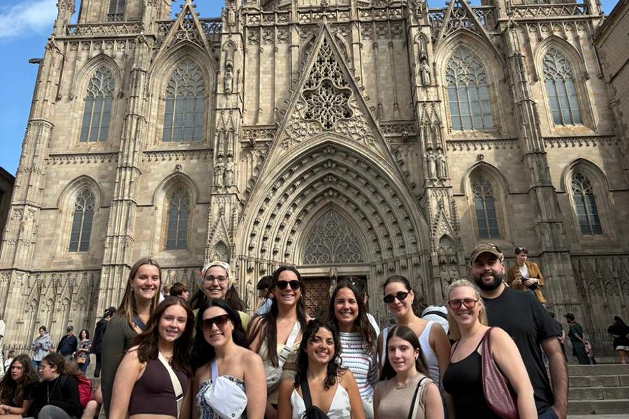 Students outside of a cathedral in Barcelona.